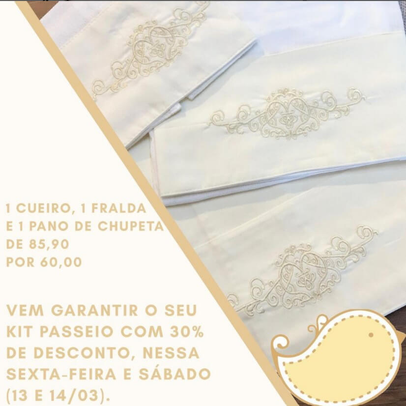 Exemplo de kit passeio para bebê: 1 cueiro, 1 fralda e 1 pano de chupeta
