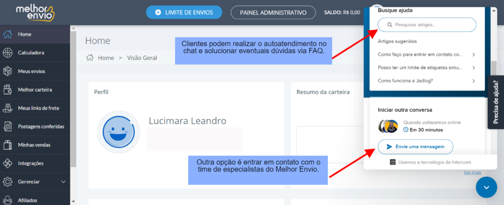 Fluxo de autoatendimento na plataforma do Melhor Envio