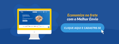 Banner com desenho de um monitor fundo azul e mensagem CTA Economize no frete com a Melhor envio, botão Clique e cadastre-se