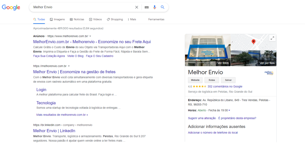 Painel do Google meu negócio do Melhor Envio