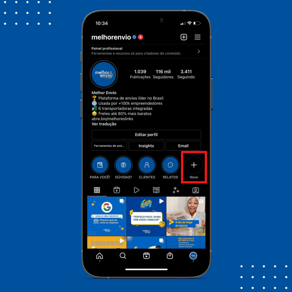 Perfil do Instagram do Melhor Envio, com foco em ícone de mais para adicionar destaques