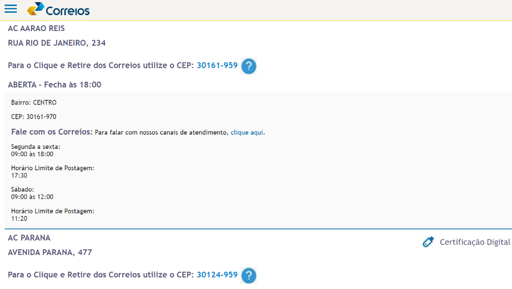 resultado com horário da agencia