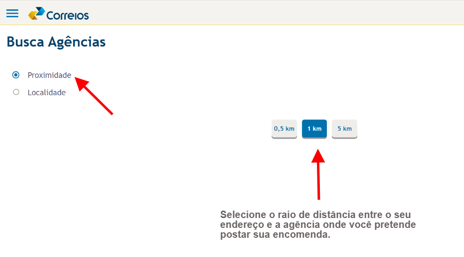 imagem mostrando como buscar agencia do correio nas proximidades