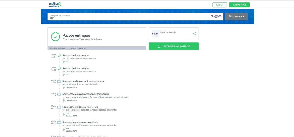 Resultado da consulta do código de rastreio