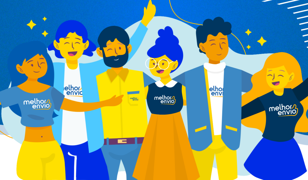 funcionários do Melhor Envio abraçando em ilustração