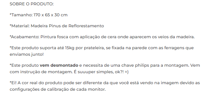 Descrição de produto da loja Tadah Design fala sobre as características de uma estante de madeira