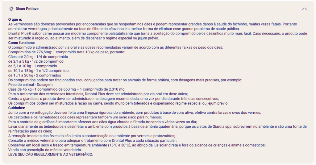 Exemplo de descrição de produto da petlove.