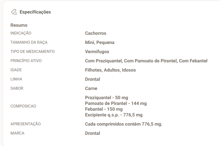 exemplo de especificações do produto da petlove. 