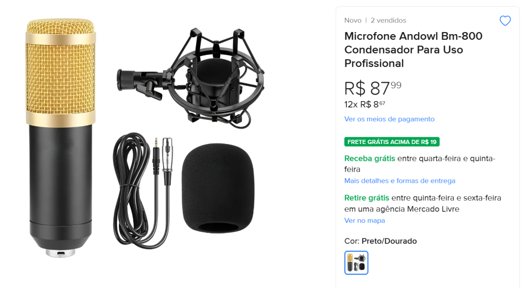 Exemplo de anúncio de Microfone condensador no Mercado Livre. 