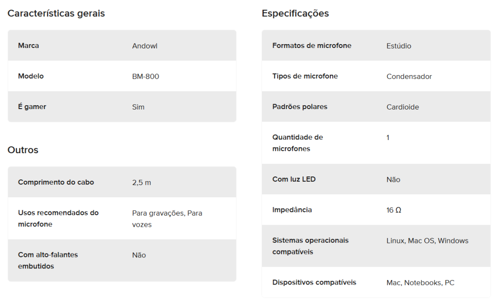 Exemplo de características do produto no mercado livre