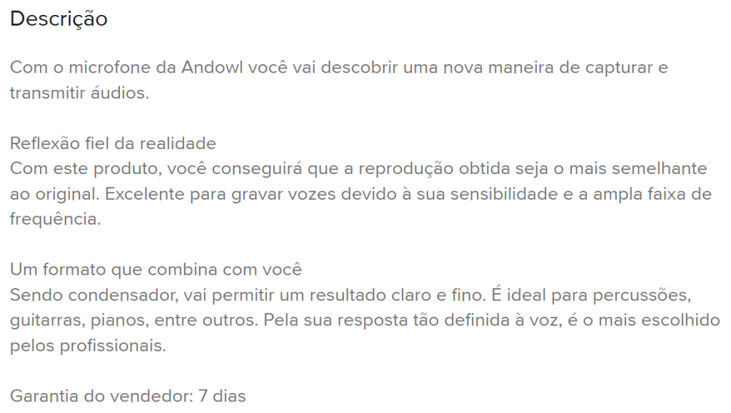 Exemplo de descrição de produto no mercado livre