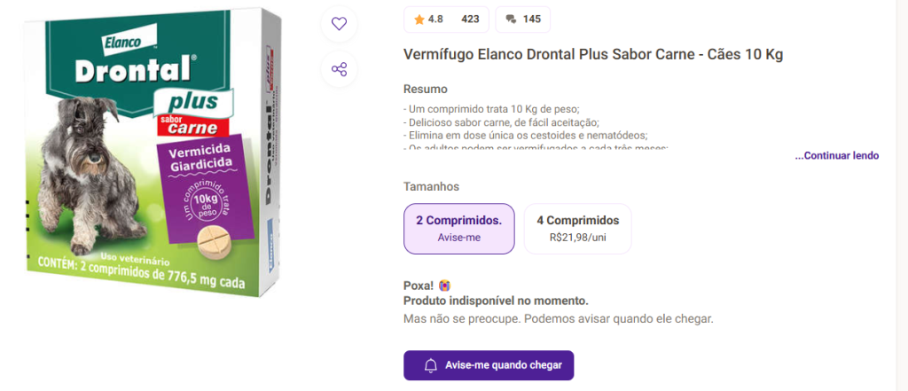 Exemplo de anúncio de vermicida para cães na petlove.
