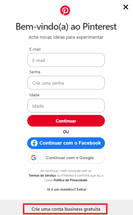 Área de login da Pinterest