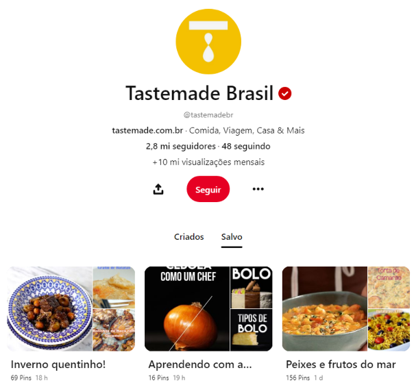 Perfil da "Tastemade Brasil" no Pinterest