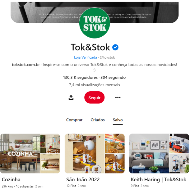 Perfil da "tok&Stok" no pinterest
