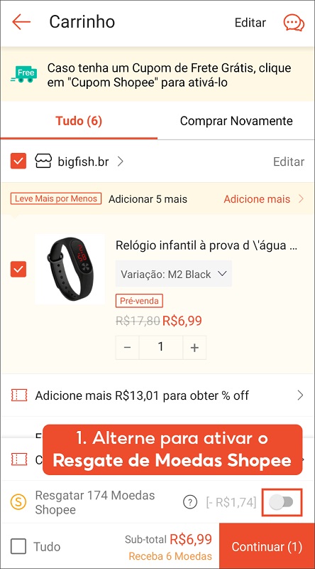 Exemplo da shopee e a opção de resgatar moedas