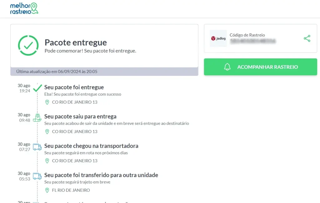 Movimentações da remessa da jadlog no Melhor Rastreio com o status de entregue