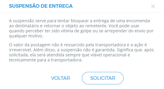 Tela de aviso antes de dar sequência a suspensão