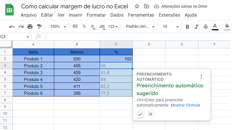 Planilha do Excel "Como calcular margem de lucro no Excel", função "Preenchimento automático"