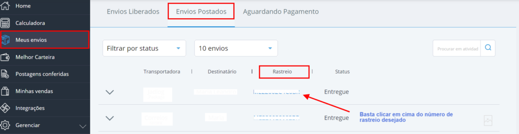Tela do painel do melhor envio. mostrando onde fica o código de rastreio