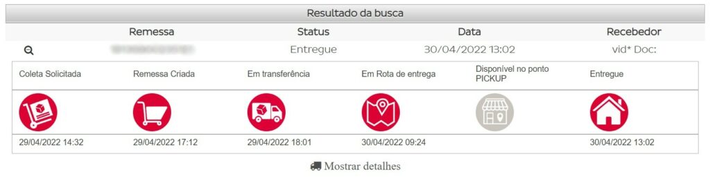 Resultado rastreio Jadlog Package