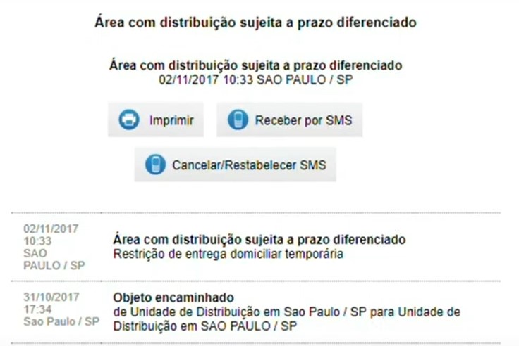 Print mostrando status do frete Print informando o status do frete, contendo informações da data e onde está a encomenda no momento.