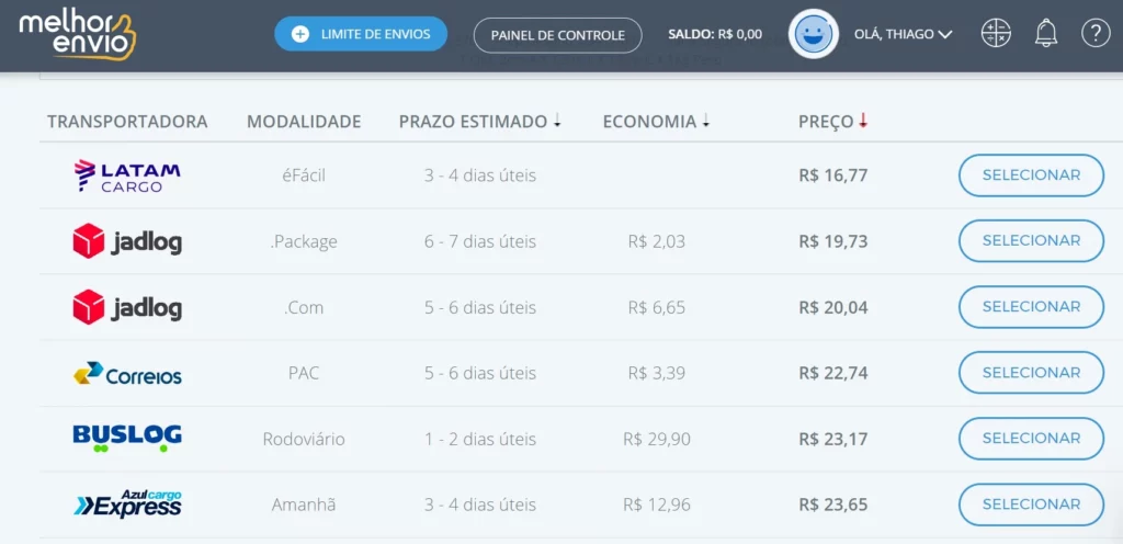 Tela do Melhor Envio de planilha de planos, preços e transportadoras