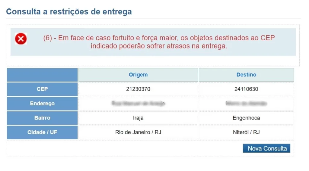 Print site do Correios consulta restrições Print de resultado da página de consulta a restrições de entrega, informando que para o CEP pesquisado por sofrer atraso.