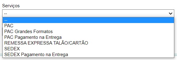 Print mostrando serviços dos Correios Site do Correios mostrando os tipos de serviços oferecidos a escolha do cliente.