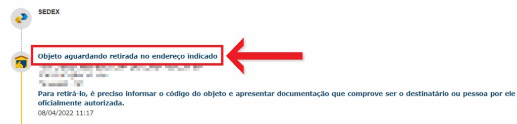 Aviso dos Correios no rastreio informando que a encomenda aguarda retirada na unidade.