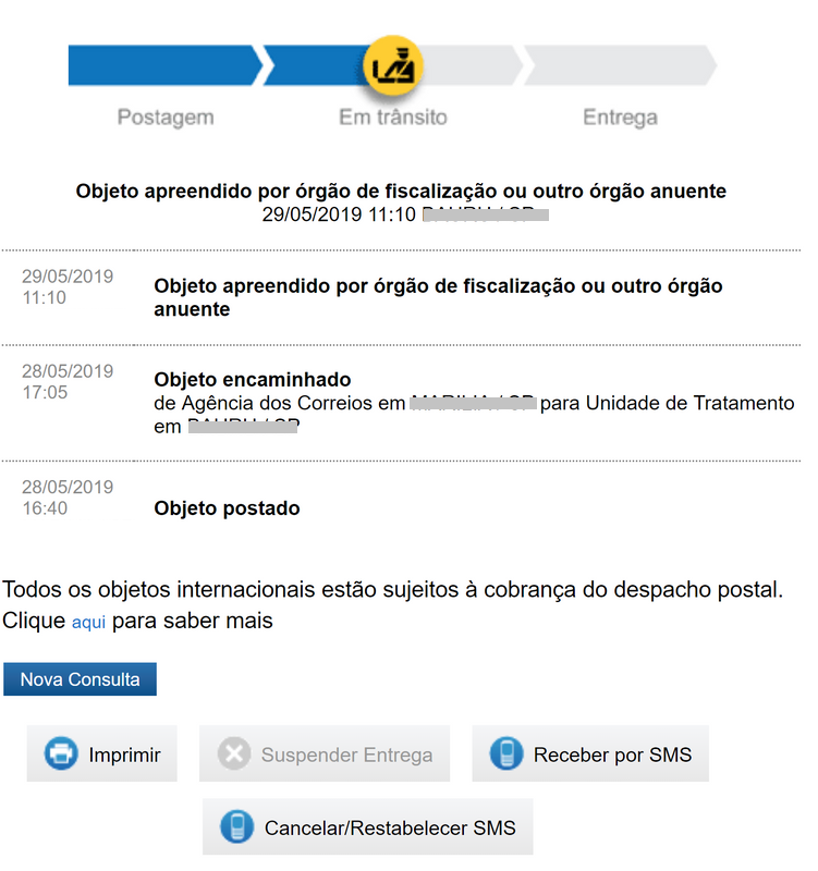 Exemplo de rastreio dos Correios com objeto apreendido por órgão de fiscalização.