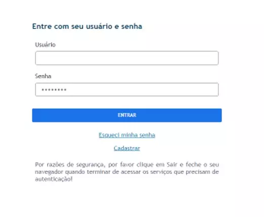 Área de login dos Correios. Campos "Usuário" e "Senha"