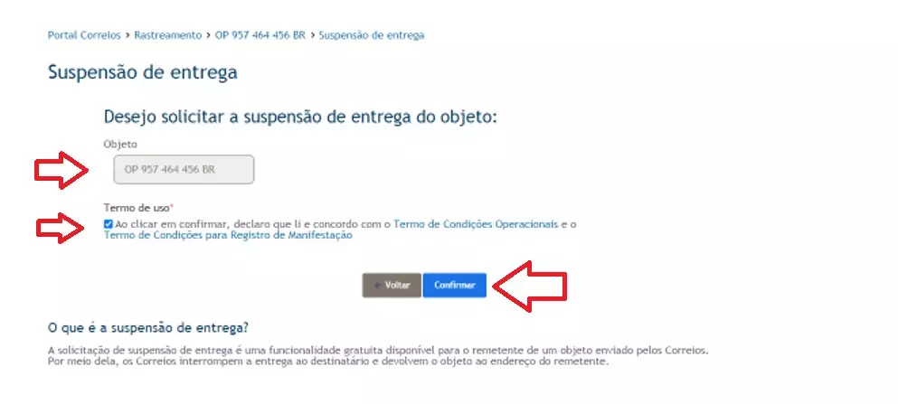 Tela "Suspensão de entrega", campo para digitar o código de rastreio.