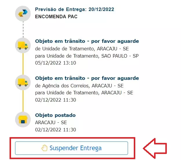 Botão "Suspender Entrega" na área de rastreio dos Correios