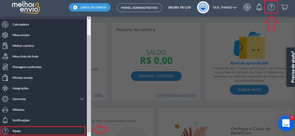 Foco na aba "Ajuda" na lateral e na parte superior do painel do Melhor Envio 