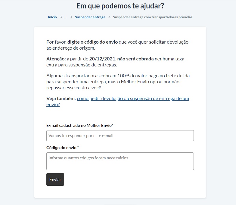 Formulário de suspensão. Campos "E-mail cadastrado no Melhor Envio" e "Código de envio" 