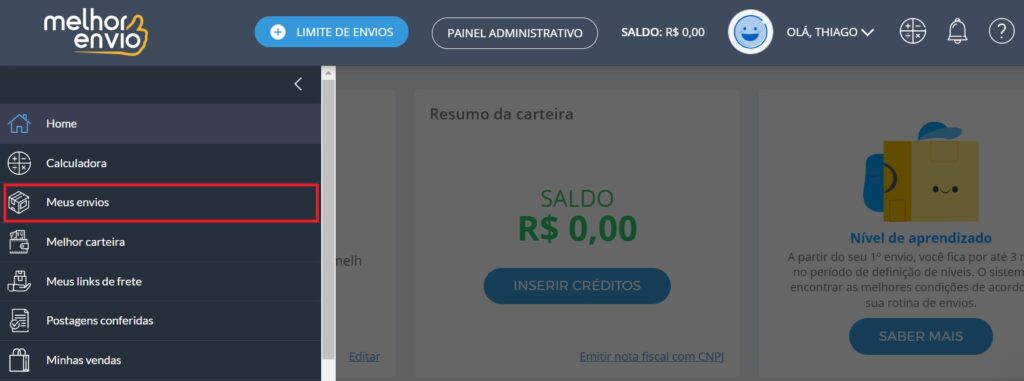 Painel do Melhor Envio, foco na barra lateral  na aba "Meus Envios"