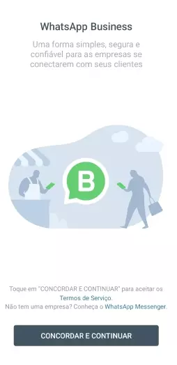 Tela do WhatsApp Business com botão "Concordar e continuar"