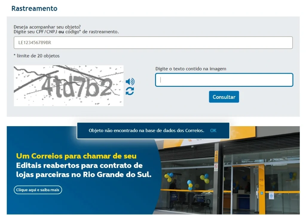 Rastreio dos Correios mostrando que o código não foi encontrado na base de dados dos Correios. 