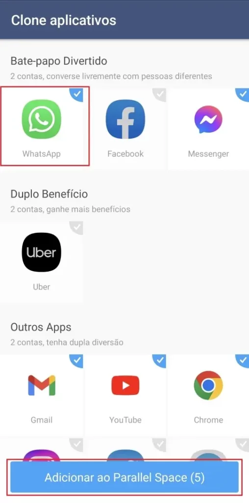 Whatsapp selecionado para Parallel Space