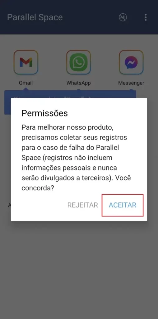 Notificação para Aceitar "Permissões"