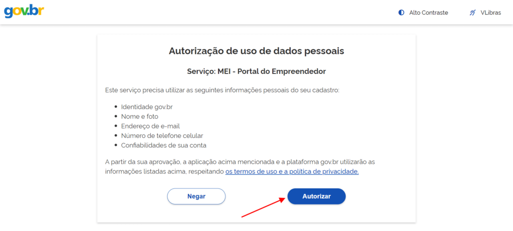 tela de autorização