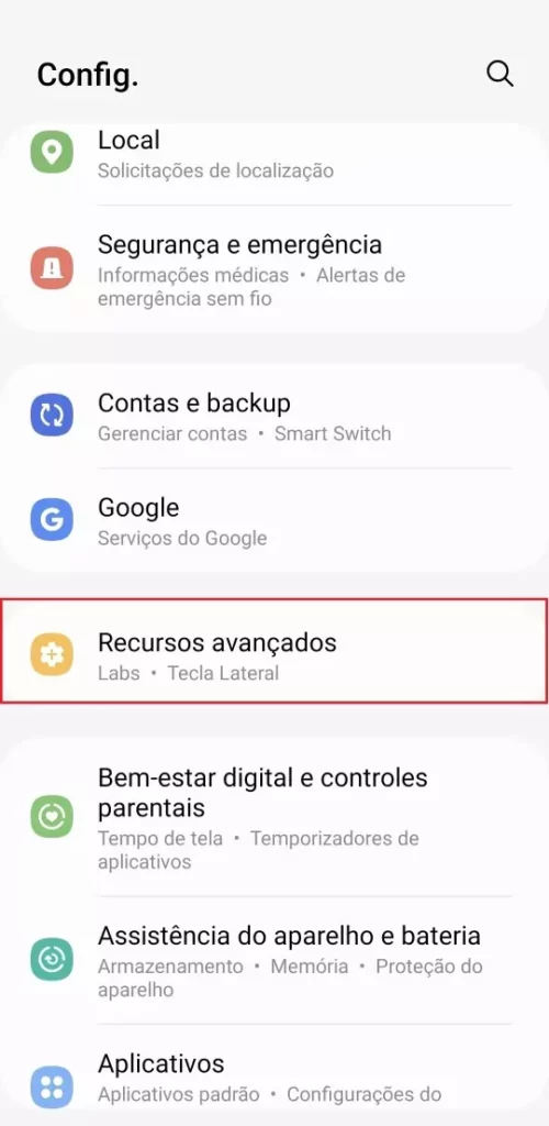 Recursos avançados na aba de configurações do celular
