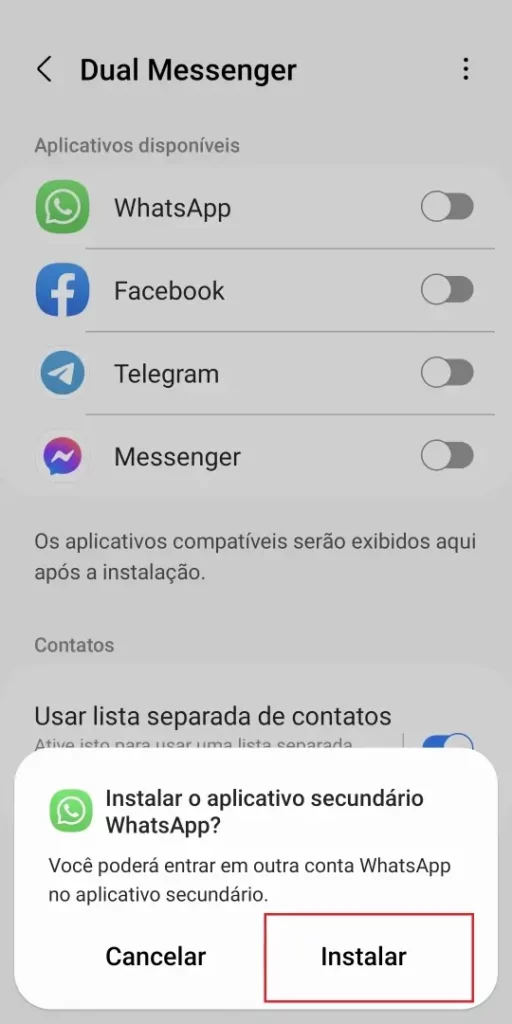 Notificação "Instalar o aplicativo secundário WhatsApp" botões "Cancelar" ou "Instalar"