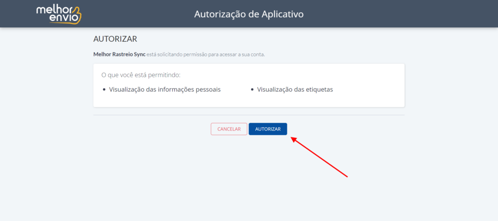 Clique em autorizar" no Melhor Envio