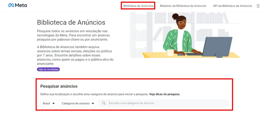 Clique na aba "Biblioteca de anúncios" em seguida selecione uma categoria de anúncio