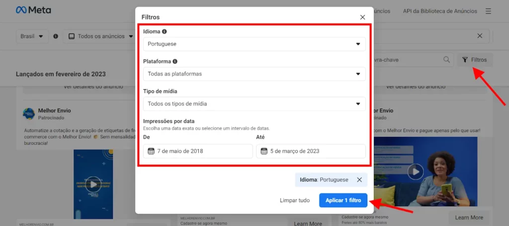 Filtros de busca da Meta