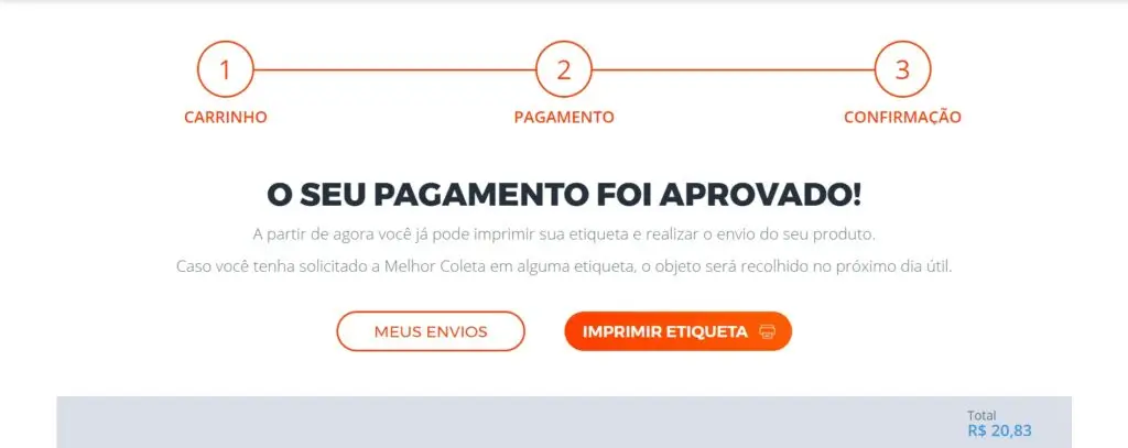 print de exemplo de pagamento aprovado permitindo imprimir etiqueta. 