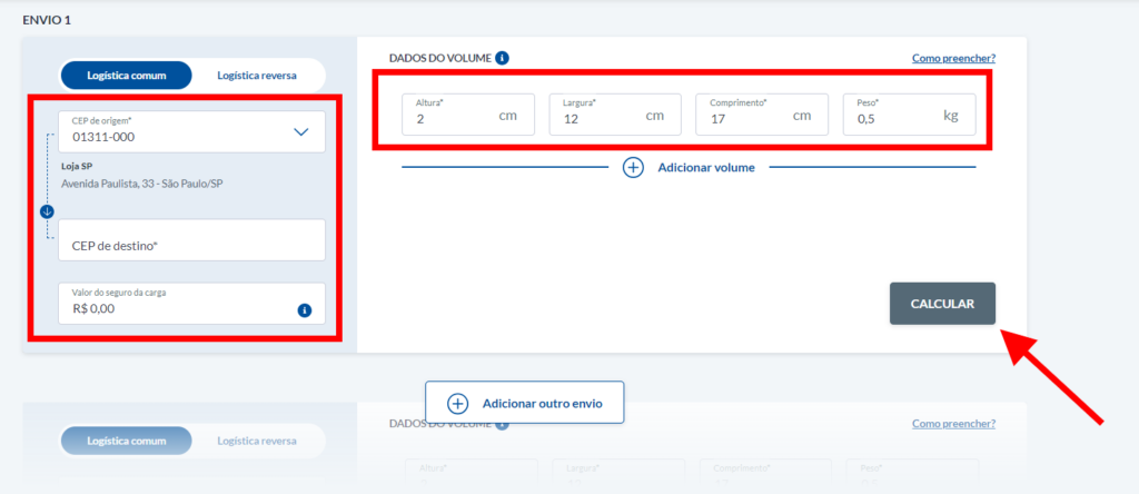 calculadora do Melhor Envio e os campos CEPs e dimensões do volume