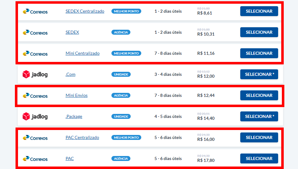 resultado da cotação com foco nas modalidades dos Correios